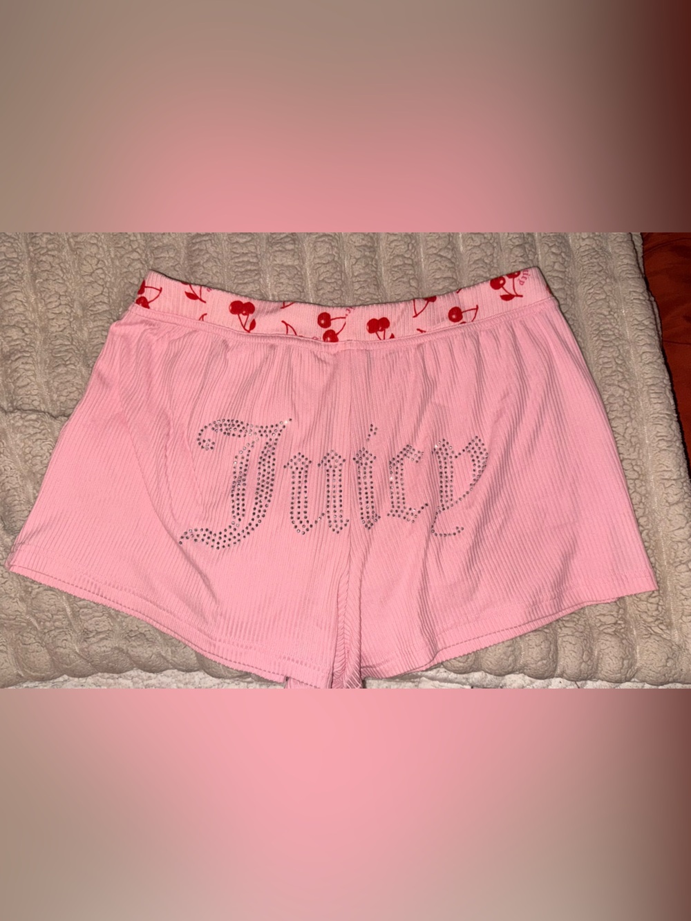 Juicy Couture Pink Cherry-Trim Rhinestone Lounge Shorts